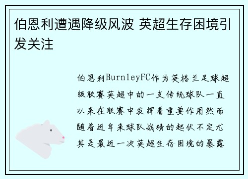 伯恩利遭遇降级风波 英超生存困境引发关注