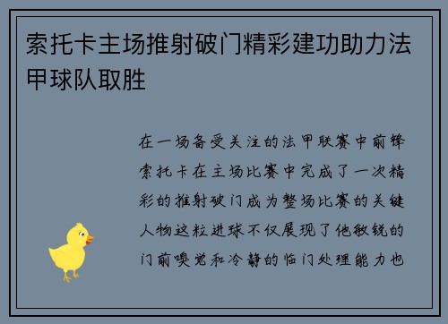 索托卡主场推射破门精彩建功助力法甲球队取胜